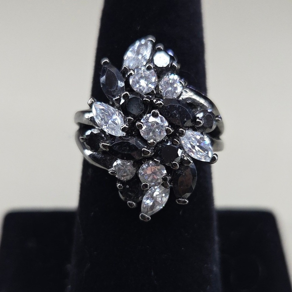 Black Cubic Zirconia Marquise Cluster Statement‎ Ring Size 7.5 Gothic Goth